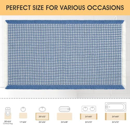 IM HOME Waffle Bath Mat Blue & Cream 36"x24", Boho Woven Modern Bath Mat Rugs, Absorbent Non Slip Bathroom Rugs, Soft Washable Bath Rugs with Tassels for Bathroom, Bedroom, Kitchen, Shower, Tub
