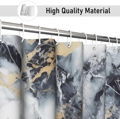 Abstract Marble Shower Curtain Modern Charcoal Luxury Gold Ink Texture Gray Ombre Watercolor Bathroom Curtain Set with Hooks Soft and Lightweight Waterproof Fabric Machine Washable 72" Wx84 L