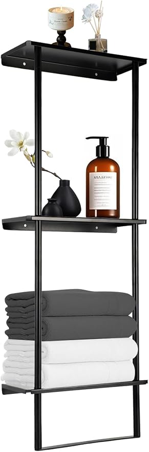 Bathroom Towel Rack, Towel Storage for Bathroom, 3 Tier Towel Rack with Shelf and Towel Bar, Towels Storage and Organizer - Matte Black