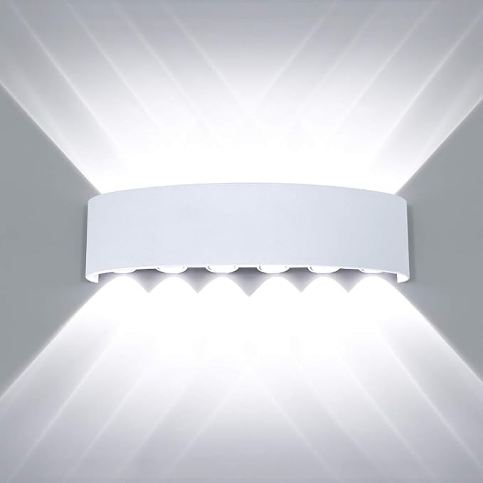 Kawell 12W Waterproof Modern Wall Light LED Wall Lamp Aluminum LED Wall Sconce Up Down Indoor Outdoor for Bedroom Bathroom Hallway Porch Corridor Hotel Doorway Garden Pathway, White 6000K