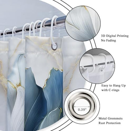 Blue Gold Floral Abstract Modern 4Pcs Bathroom Shower Curtain Set with Rugs