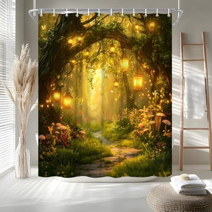Fantasy Forest Path Shower Curtain Yellow Fairy Magical Enchanted Misty Jungle Mushroom Floral Tree Butterfly Lantern Wonderland Bath Curtain Fabric Bathroom Accessories Decor with Hooks 80W x70L