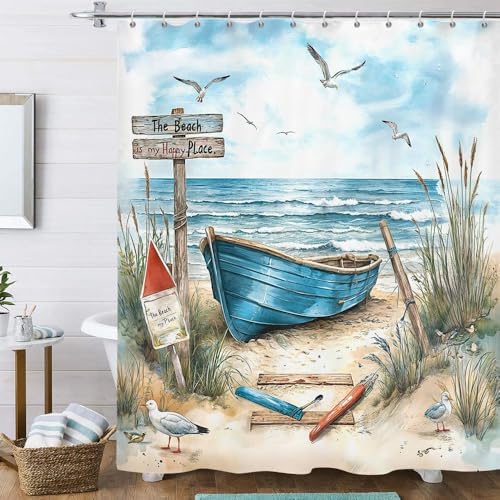 Nautical Coastal Shower Curtain for Bathroom, Ocean Beach Decor Bath Curtains, Blue Teal Seasides Sailboat Shower Curtain Set with Hook 72X72IN