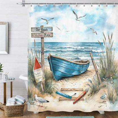 Nautical Coastal Shower Curtain for Bathroom, Ocean Beach Decor Bath Curtains, Blue Teal Seasides Sailboat Shower Curtain Set with Hook 72X72IN