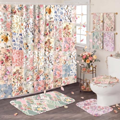 FuWeave 8 Pcs Vintage Floral Shower Curtain Set Girly Bathroom Decor Flower Waterproof Bathroom Accessories Rustic Farmhouse Shower Curtain Sets with Towels Carpet Bath Mat Toilet Rugs and 12 Hooks