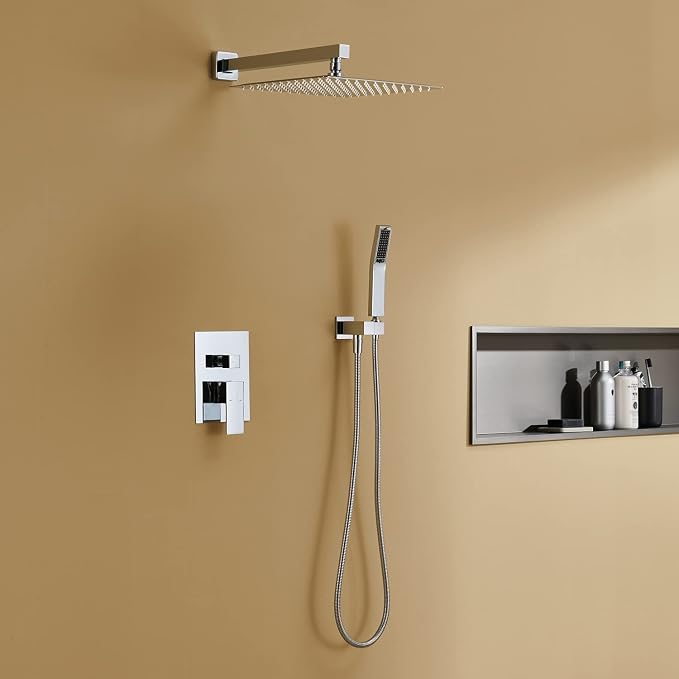 Rain Shower System 12 Inches Shower Combo Set Chrome Wall Mount Faucet Bathroom Faucets with Rainfall Shower Head and Hand Shower