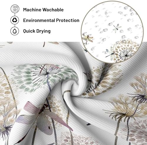 Tan Dandelion Shower Curtain Spring Dragonfly Light Brown and White Watercolor Shower Curtains for Bathroom Decor, Waterproof Cloth Fabric with Hooks 70" Wx72 L