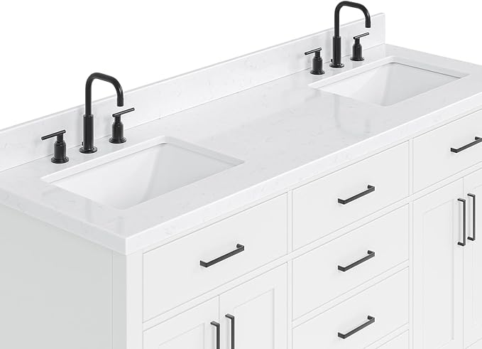 ARIEL Hepburn 66-inch Bathroom Vanity with Sink,Solid Wood, 1.5-inch Carrara White Quartz Countertop & Backsplash, Double Rectangular Porcelain Sink, 4 Soft Closing Doors, 6 Dovetail Drawers, White
