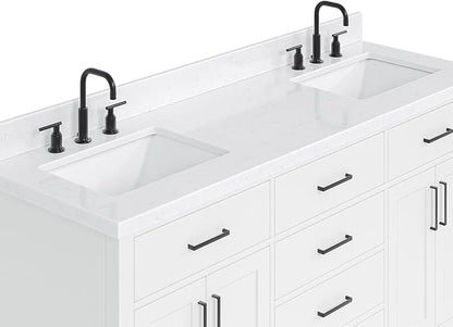 ARIEL Hepburn 66-inch Bathroom Vanity with Sink,Solid Wood, 1.5-inch Carrara White Quartz Countertop & Backsplash, Double Rectangular Porcelain Sink, 4 Soft Closing Doors, 6 Dovetail Drawers, White