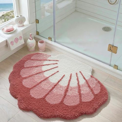 DEXI Cute Seashell Bath Mat, Coastal Scallop Bathroom Rug, 38x30 Pink