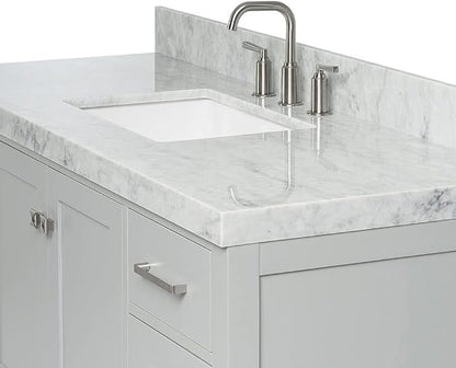 DKB Beckford 54-Inch Grey Bathroom Vanity with 1.5-Inch Edge Italian Carrara Marble Countertop & Backsplash, Center Rectangular Sink, 2 Soft Closing Doors, 9 Dovetail Drawers, Brushed Nickel