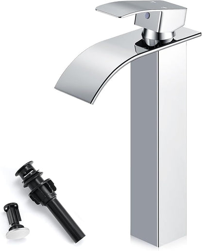 Chrome Bathroom Faucets, Tall Waterfall Bathroom Sink Faucet Modern Single Handle Bathroom Faucte 1 Hole, Tall Spout Vessel Faucet Mixer Tap Washbasin Faucet with Pop-up Drain, Supply Hoses