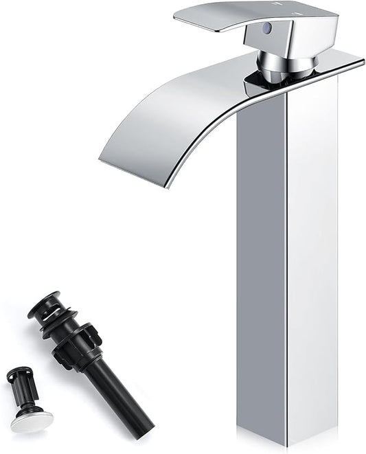 Chrome Bathroom Faucets, Tall Waterfall Bathroom Sink Faucet Modern Single Handle Bathroom Faucte 1 Hole, Tall Spout Vessel Faucet Mixer Tap Washbasin Faucet with Pop-up Drain, Supply Hoses
