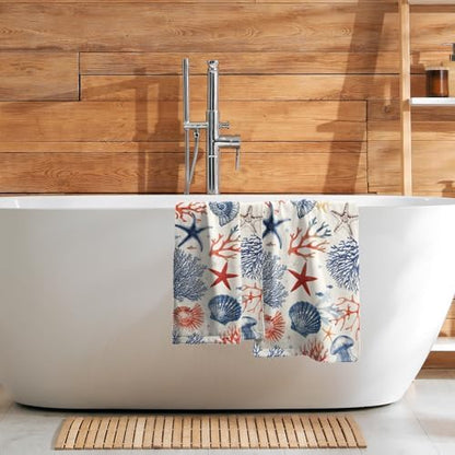 Nautical Coastal Hand Towels Set of 2, Beach Themed Ocean Seashell Coral Starfish Decorative Bathroom Towel 28x14 Inch, Soft Absorbent Microfiber Wash Cloth for Kitchen Gym Hotel Home Decor
