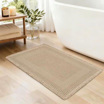 JIUZHEN Waffle Bath Mat Super Absorbent Bath Mat Non Slip Boho Bath Rugs for Bathroom Floor Machine Washable Quick Drying Bathroom Rugs with Tassels, 20" x 32", Loop-Brown
