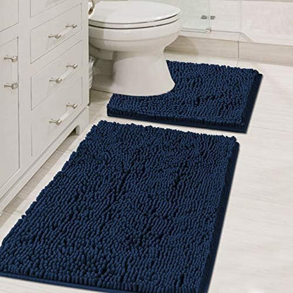 H.VERSAILTEX Bath Mats Non Slip for Bathroom Rugs Soft, Absorbent, Shaggy Microfiber,Machine-Washable Dry Fast Bedroom Area Rugs Perfect for Door Mat (32"x 20" and 20" x 20" U Shape, Navy)
