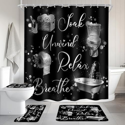 Silver Black Funny Quotes Words 4Pcs Bathroom Shower Curtain Set with Rugs