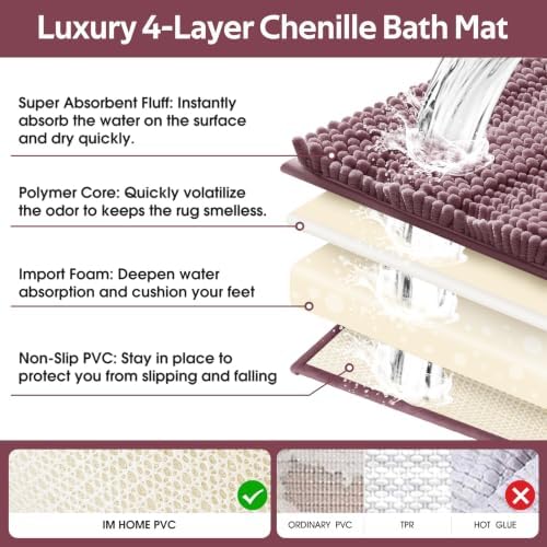 Striped Mauve Bathroom Rug Set 3 Pieces Ultra Soft, Non Slip Chenille Bath Carpet, Absorbent Plush Shaggy Bath Mats for Bathroom, Toilet, Bedroom, Kitchen