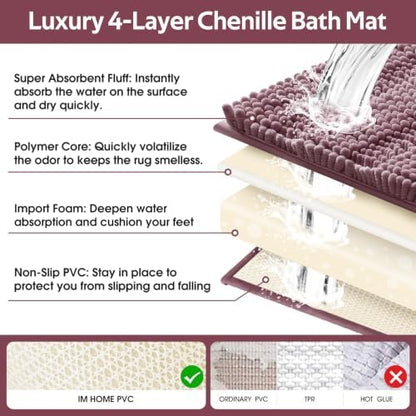 Striped Mauve Bathroom Rug Set 3 Pieces Ultra Soft, Non Slip Chenille Bath Carpet, Absorbent Plush Shaggy Bath Mats for Bathroom, Toilet, Bedroom, Kitchen