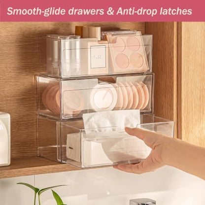 2 Tier Clear Bathroom Counter Organizer, Stackable Storage Drawers