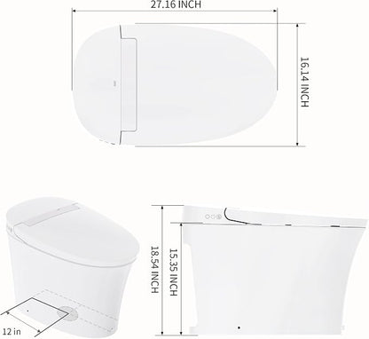 R&T W5100S Tankless Smart Toilet Touchless Auto Flush 1.28-GPF Battery-Operated One-Piece HET Intelligent Toilet for Bathroom, Foot Kick & Manual, Without Bidet