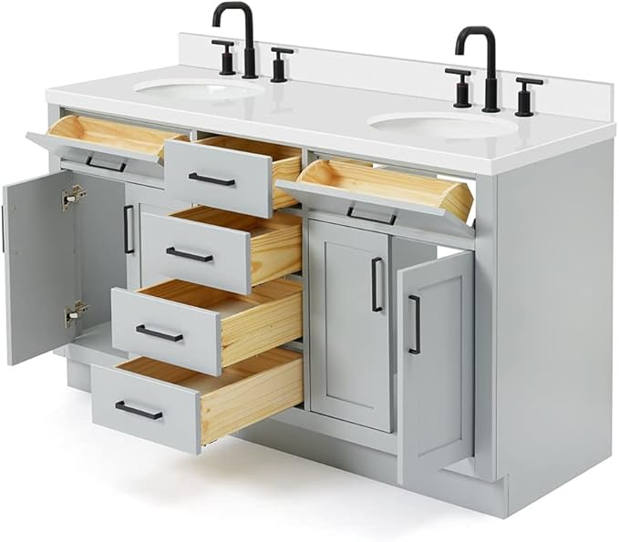 ARIEL Hepburn 60-inch Bathroom Vanity with Sink,Solid Wood, 1.5-inch Pure White Quartz Countertop & Backsplash, Double Oval Porcelain Sink, 4 Soft Closing Doors, 6 Dovetail Drawers, Grey
