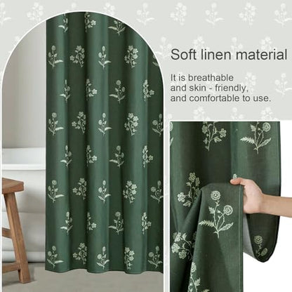 ORTIGIA Linen Shower Curtain 72 W x 84 L Farmhouse Vintage Dark Green Floral Long Shower Curtains Boho Rustic Block Print Cottagecore Decor for Bathroom