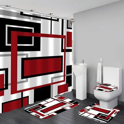 Yddsky 4 Pcs Red Geometric Shower Curtain Set with Rugs Bathroom Set