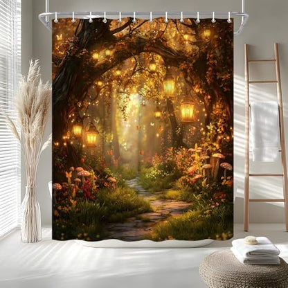 Fantasy Forest Path Shower Curtain Fall Fairy Magical Enchanted Misty Jungle Mushroom Floral Tree Butterfly Lantern Wonderland Bath Curtain Fabric Bathroom Accessories Decor with Hooks 70W x80L