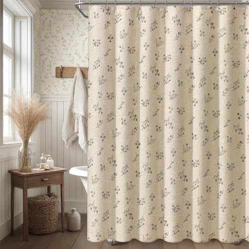 Black Floral Farmhouse Vintage Linen Shower Curtain French Country 72Wx72H