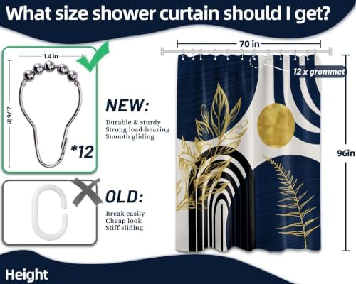 Navy Blue and Gold Extra Long Shower Curtain, Tall 72X96 in, Mid Century