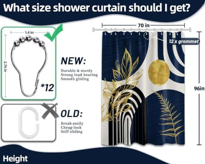 Navy Blue and Gold Extra Long Shower Curtain, Tall 72X96 in, Mid Century