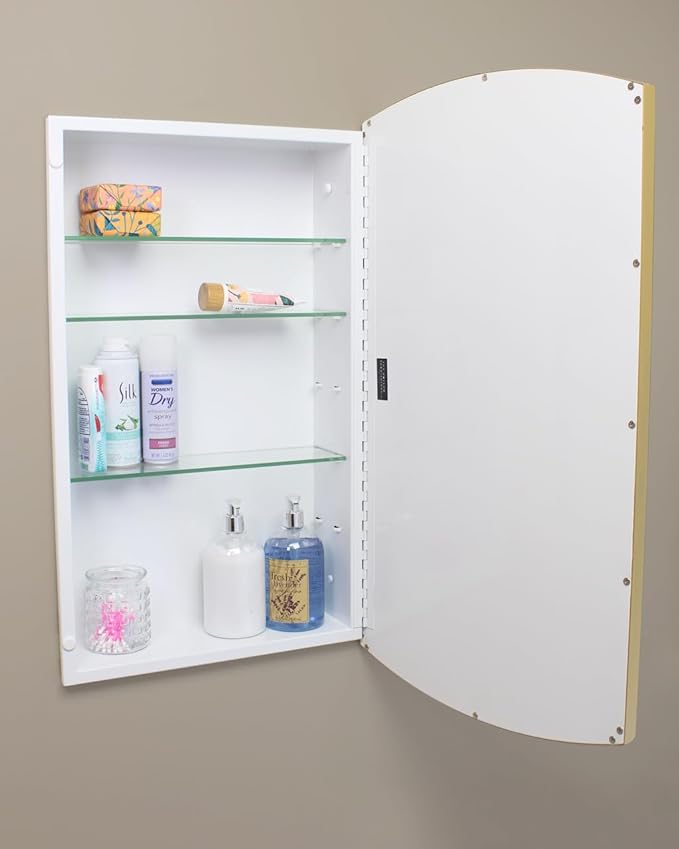 Fox Hollow Furnishings 16x26 Harper Crescent Metal Framed Rectangle Recessed Bathroom Medicine Cabinet, Arced Mirror, 14x24 in-Wall Opening, Adjustable Glass Shelves, Magnet Close, Gold