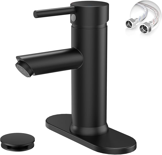 Bathroom Faucet for 1 or 3 Holes, Matte Black, Brass | Single Handle Bathroom Sink Faucets, Modern Commercial Lavatory Vanity Faucet, with Deck Plate and Supply Line, Pop Up Drain
