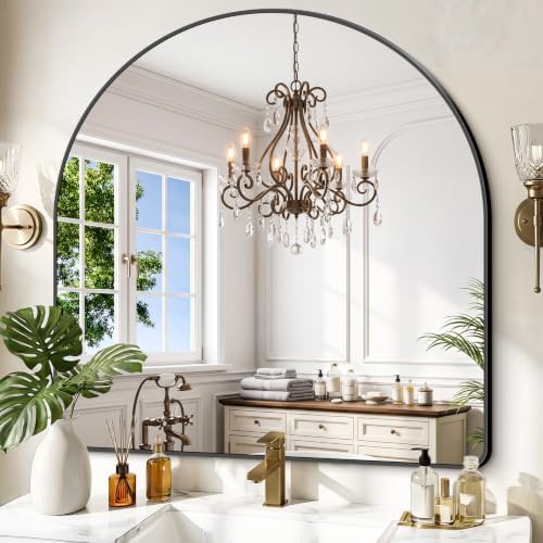 GLASHOM Arched Bathroom Vanity Mirror, 36"x36" Black Frame Wall Mirror