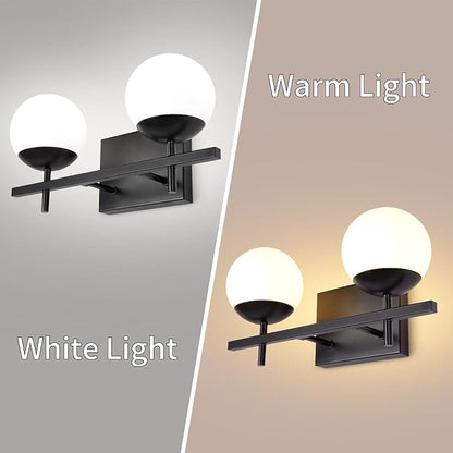 Bathroom Light Fixtures Over Mirror, Black Vanity Lights for Bathroom with White Frosted Glass, 2-Light Modern Vanity Lighting Fixtures Globe Sconces Wall Light for Bedroom Living Room Cabinet