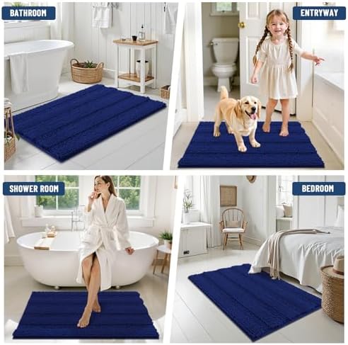 Grandaily Chenille Striped Bathroom Rugs 47x32, Extra Thick and Soft Absorbent Bath Mats, Rubber Backing, Plush Shaggy Shower Carpet, Machine Wash Dry, Bath Rug for Bathroom, Navy Blue