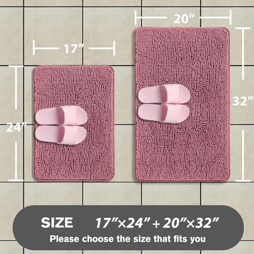 Dusty Rose Bathroom Rugs Sets 2 Piece – Absorbent and Washable Bath Mat, Non-Slip, Thick Soft Chenille Bath Rugs for Bathroom Floor, Shower, Sink - 17" x 24"+20" x 32"