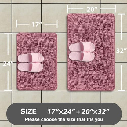 Dusty Rose Bathroom Rugs Sets 2 Piece – Absorbent and Washable Bath Mat, Non-Slip, Thick Soft Chenille Bath Rugs for Bathroom Floor, Shower, Sink - 17" x 24"+20" x 32"