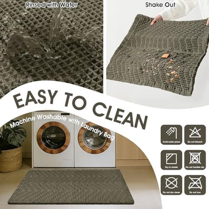Upgraded Waffle Bath Mat, 32"x20" Greyish Green-Herringbone, Super Absorbent Non-Slip Quick Dry Bathroom Rugs with Tassels, Machine Washable Ultra Soft Boho Bath Rugs, Toilet Mats Boho Farmhouse Decor