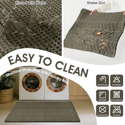 Upgraded Waffle Bath Mat Set 3 Piece Greyish Green-Herringbone, Super Absorbent Non-Slip Quick Dry Bathroom Rugs with Tassels, Machine Washable Ultra Soft Boho Bath Rugs,Bath Mats Boho Farmhouse Decor
