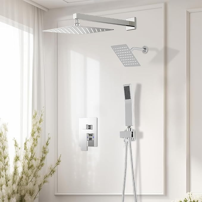 Shower System Shower Faucet Set, STARBATH 12"+6" Wall Mount Rain Shower Head and Handheld Spray for Two Person, Rainfall Shower System with Diverter Valve and Trim Kit Complete,Chrome