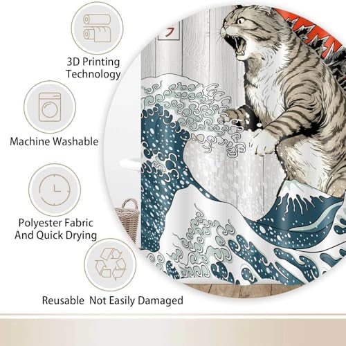 JAWO Funny Cat Shower Curtain, Japanese Ocean Wave Cat Fun Shower Curtain Nautical Kids Children Rustic Wooden Farmhouse Shower Curtains, 60X70inch