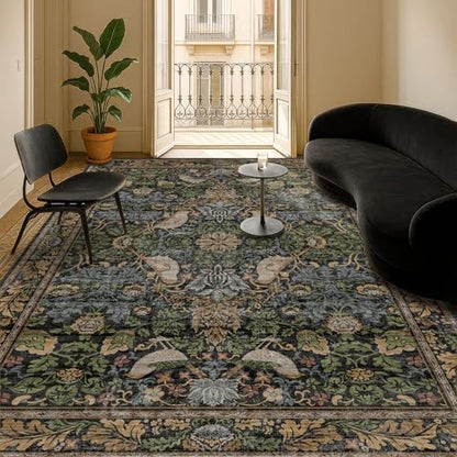 Hazo Haus Washable Living Room Rug 7x9 - Dark Floral Nature Rugs for Bedroom, Dining Room Kitchen Table Rug for Under Table, Office, Stain Resistant Non-Slip Large - Brown/Dark Green