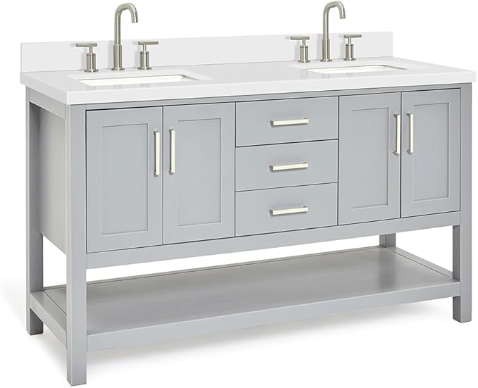 ARIEL Magnolia 60-inch Bathroom Vanity with Sink,Solid Wood, 1.5-inch Pure White Quartz Countertop & Backsplash, Double Rectangular Porcelain Sink, 4 Soft Closing Doors, 3 Dovetail Drawers, Grey