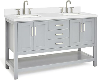 ARIEL Magnolia 60-inch Bathroom Vanity with Sink,Solid Wood, 1.5-inch Pure White Quartz Countertop & Backsplash, Double Rectangular Porcelain Sink, 4 Soft Closing Doors, 3 Dovetail Drawers, Grey