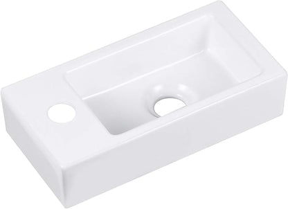 Small Bathroom Sink DeerValley, 15"x7" Mini Rectangle Wall Mount Vessel Sink for Bathroom Powder Room Cloakroom, Floating Space Saving Design, Easy to Clean White Ceramic Wash Basin (Left Hand)