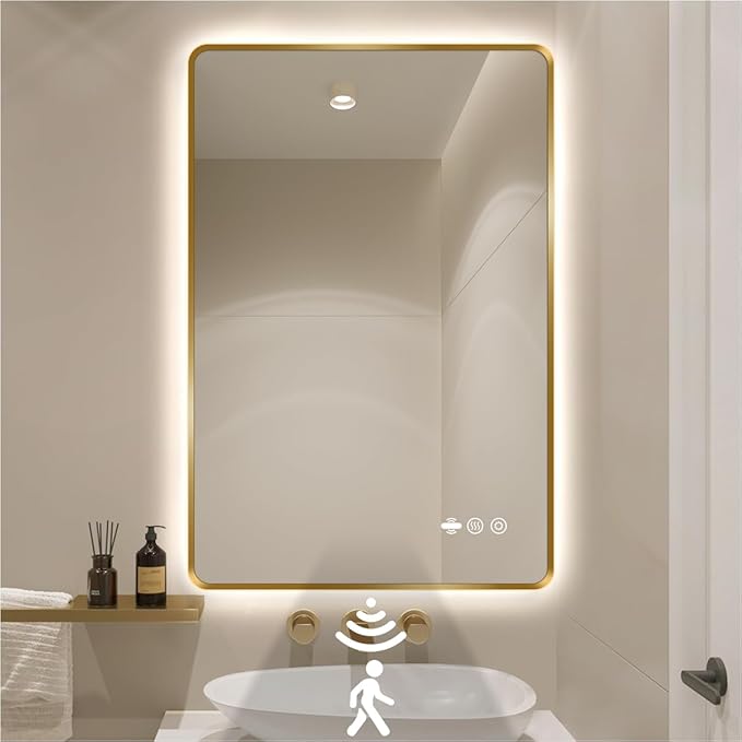 30" x 36" Gold LED Bathroom Mirror with Lights - Motion Sensor | Smart Backlit Mirror Bathroom, Anti-Fog, 3-Color Stepless Dimmable, Memory Function, Metal Framed Rounded-Corner Rectangle