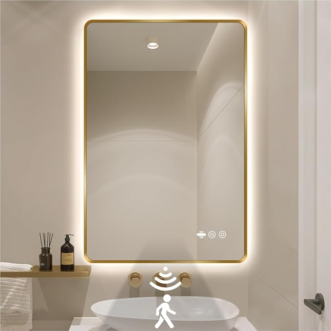 28" x 36" Gold LED Bathroom Mirror with Lights - Motion Sensor | Smart Mirror Bathroom, Anti-Fog, Stepless Dimmable & 3 Color Temperatures, UL-Listed LED Backlit Mirror, Tempered Glass