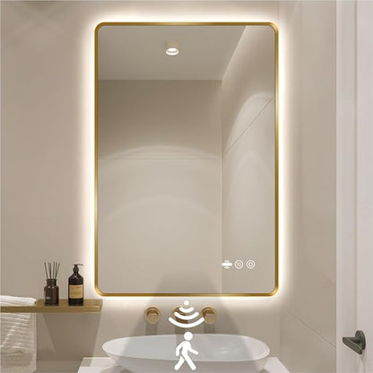 28" x 36" Gold LED Bathroom Mirror with Lights - Motion Sensor | Smart Mirror Bathroom, Anti-Fog, Stepless Dimmable & 3 Color Temperatures, UL-Listed LED Backlit Mirror, Tempered Glass